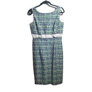 DONNA MORGAN White w/ Blue & Green Print Sleeveless Knee Length Dress Size 8 EUC
